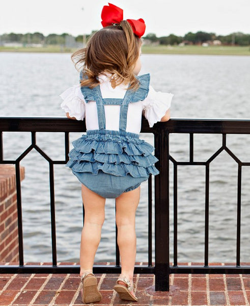 Light Wash Denim Flutter Overall Romper by Ruffle Butts